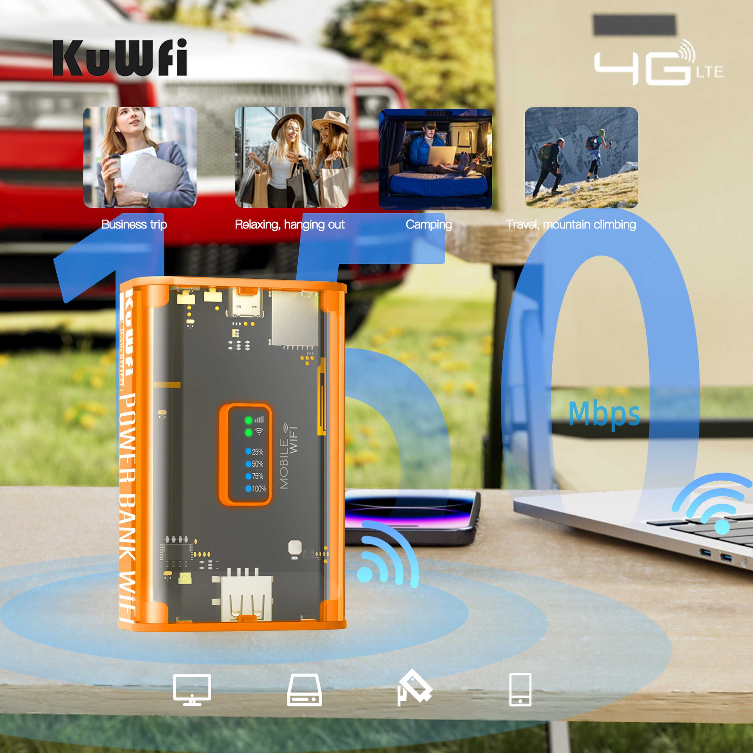 Cheap Price KuWFi Router 4g Unlocked 5200mah Power Bank 4g Lte Portable Wifi Router 10 Users Modem 4g Lte Sim Card